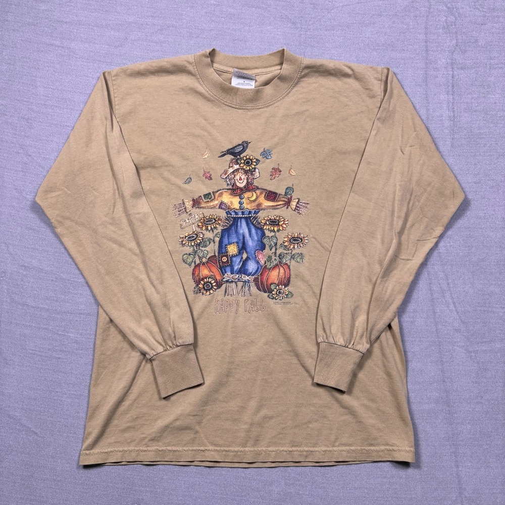 Vtg Gildan Activewear Unisex Beige Streetwear Cat Scarecrow Print T-Shirt Size M